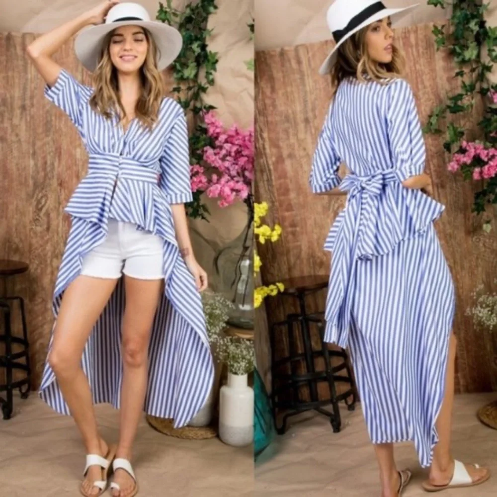Striped Button Ruffle High Low Maxi Top - Picture 1 of 4